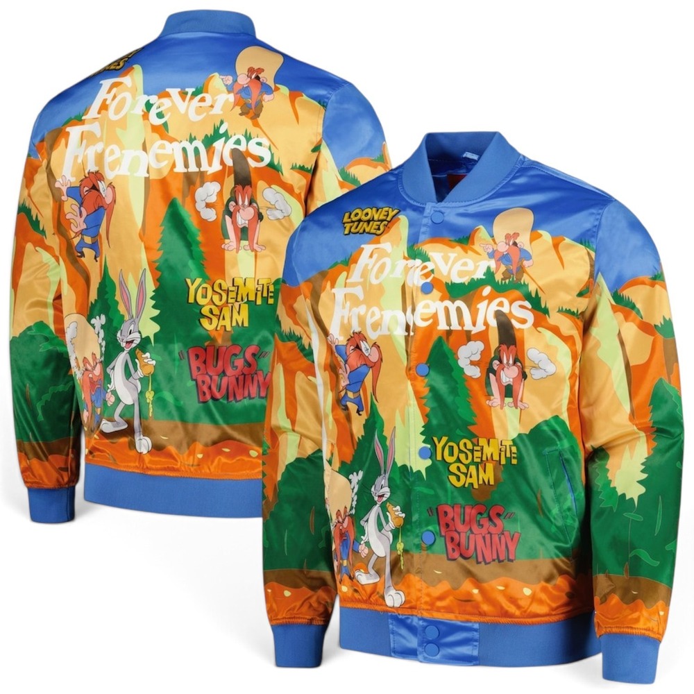 Looney Tunes Freeze Max Satin Snap Jacket Mens Medium Bugs Forever Frenemies NEW